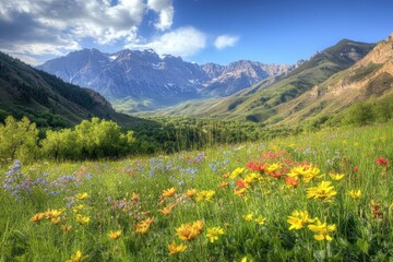 Poster - A field of colorful wildflowers against a stunning mountain backdrop, perfect for travel or nature-themed designs