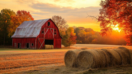 a classic red barn surrounded by golden autumn foliage and hay bales at sunset in rural countryside