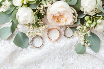 A close-up of wedding rings surrounded by flowers on lace fabric.