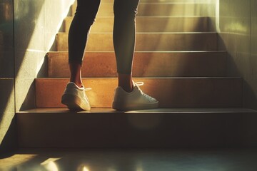 Sticker - A person standing on a staircase with steps and railing