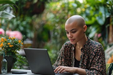 Poster - Woman sits at a table with a laptop, typing away