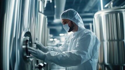 Poster - A scientist wearing personal protective equipment (PPE) including a white lab coat and face mask