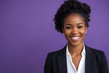 Poster - A smiling woman wearing a black jacket and white shirt, ready for an occasion or adventure