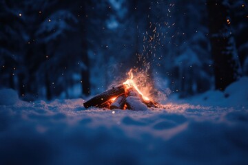 Sticker - A warm glow from a campfire in the snowy forest, great for winter scenes and outdoor adventures