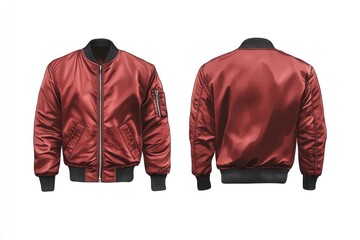Poster - A close-up of a red bomber jacket on a white background, suitable for fashion or lifestyle photography