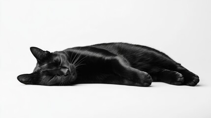 Aufkleber - A black cat is lying down on a white surface, possibly in a studio setting or on a table