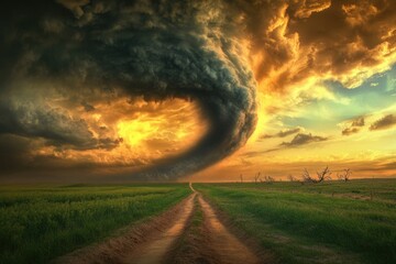 Wall Mural - a massive tornado cloud approaches the deserted dirt road
