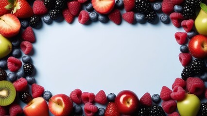 Fresh fruit border with apples, berries, kiwis, pears, and blueberries on blue background