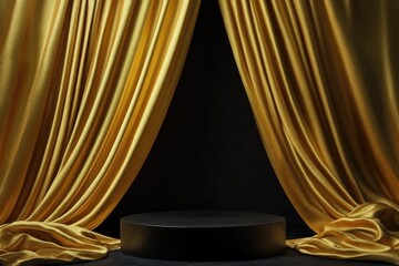 Poster - A stage scene with yellow curtains and a black pedestal, suitable for various performances and events