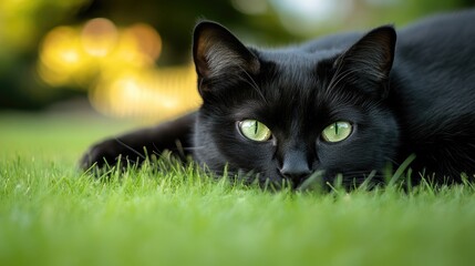 Poster - A black cat lounges on a vibrant green field, surrounded by nature