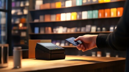 A customer is holding a card reader while completing a transaction in a retail shop. The interior is well-lit, showcasing various items in the background