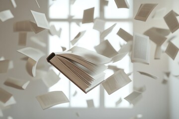 Aufkleber - An open book soaring through the air, a unique and imaginative scene