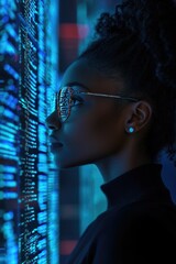 Aufkleber - A woman in glasses focused on her laptop screen, ideal for illustrations about technology or education