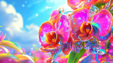 Vibrant orchid flowers with iridescent petals shine under bright blue sky, surrounded by lush greenery and colorful blooms, creating dreamy and lively atmosphere