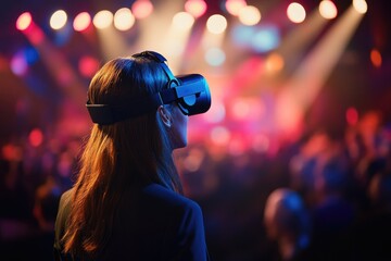 Aufkleber - A woman wearing a virtual reality headset in front of a crowd, great for tech and innovation concepts