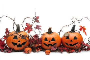 Poster - A group of pumpkins sitting on top of a pile of autumn leaves, perfect for fall-themed designs