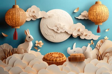 Aufkleber - A paper cut out of a rabbit holding a slice of pie, colorful illustration