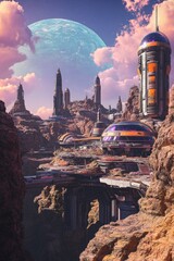 Poster - A futuristic cityscape in the middle of a desert, with sleek architecture and modern transportation