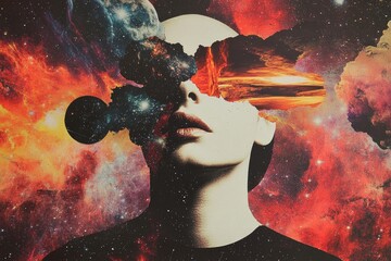 Aufkleber - A woman's face surrounded by space and planets, perfect for astronomical or futuristic concepts