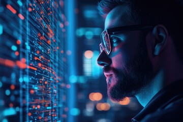Poster - A person sitting at a desk with glasses and staring at a computer screen, possibly working or learning