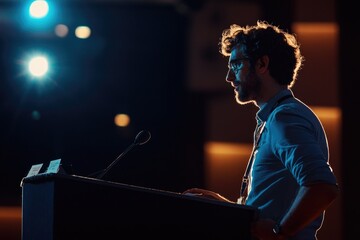 Aufkleber - A person speaking into a microphone, suitable for presentations, lectures, and public speaking