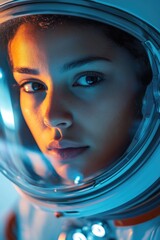 Aufkleber - A detailed view of a person wearing a space suit, ideal for sci-fi or futuristic concept illustrations