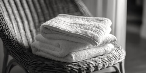 Poster - A stack of towels resting on the back of a wicker chair