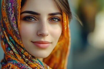 Poster - A woman wearing a vibrant scarf on her head, possibly as a cultural or traditional attire