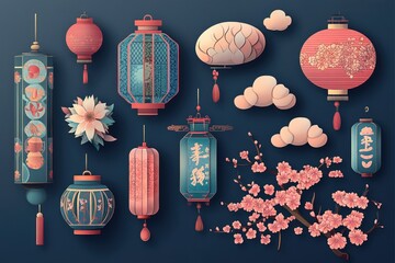 Poster - A collection of oriental lanterns and flowers set against a blue background