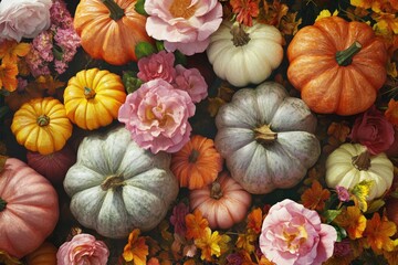 Poster - a still life composition of pumpkins and flowers on a wooden table