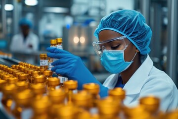 Aufkleber - A woman in a lab coat and goggles tinkers with a machine