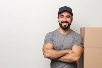 Poster - A person standing next to a pile of containers or boxes, possibly for storage or moving