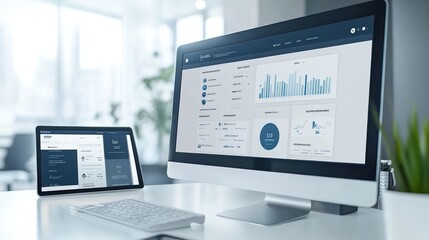 Poster - Modern workspace featuring a computer and tablet displaying data analytics dashboards.