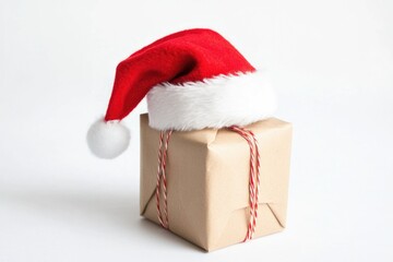 Poster - A Santa hat sits atop a brown box, perfect for holiday-themed scenes or gift-giving imagery