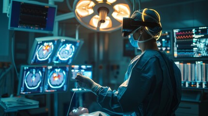 Aufkleber - A doctor is wearing a VR headset and is looking at a patient's brain