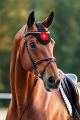 Wall Mural - A brown horse wearing a red flower on its head, suitable for nature and animal-themed illustrations