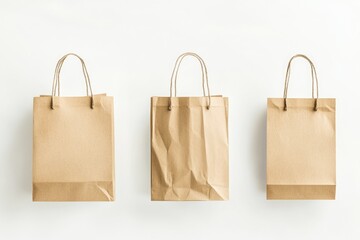 Poster - Three empty brown paper bags hung on a wall, waiting for use or reuse