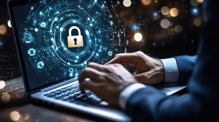 Poster - Cybersecurity Concept with Businessman and Laptop Interaction