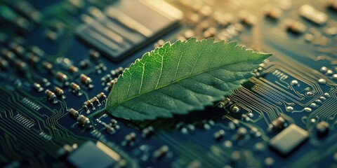 Poster - A single green leaf is lying on top of a computer motherboard, highlighting the unexpected juxtaposition of natural and technological elements