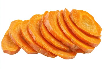 Poster - A pile of sliced sweet potatoes on a white surface, suitable for use in food or cooking related images