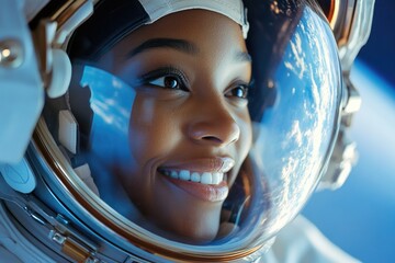 Poster - A close-up view of a person wearing a space suit, with details on the helmet and gloves visible