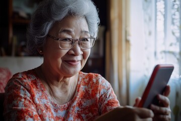 Poster - A senior citizen smiling while checking her mobile device
