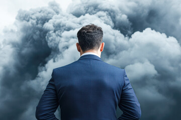 A man in a suit is looking up at a cloud of smoke