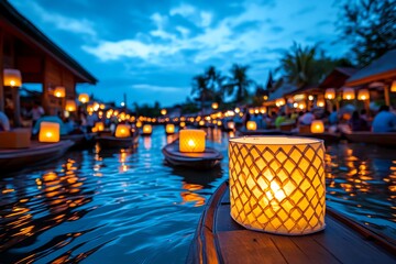 Poster - A floating market in Thailand at dusk, where lanterns begin to glow along the waterways, casting warm light over the boats and creating a serene evening atmosphere