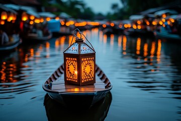Poster - A floating market in Thailand at dusk, where lanterns begin to glow along the waterways, casting warm light over the boats and creating a serene evening atmosphere