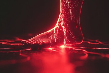 Poster - A close-up shot of a person's foot illuminated by a bright red light