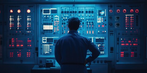 Poster - A person standing at a control panel with various screens and buttons, possibly working or monitoring something