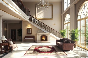 Poster - A warm and inviting living room scene featuring various pieces of furniture and a fireplace