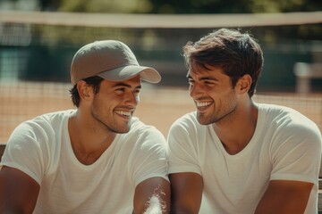 Canvas Print - Two men sit together on a tennis court, focused on the game