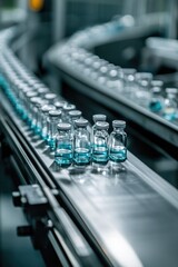 Poster - A conveyor belt filled with bottles of various liquids, possibly for industrial or commercial use